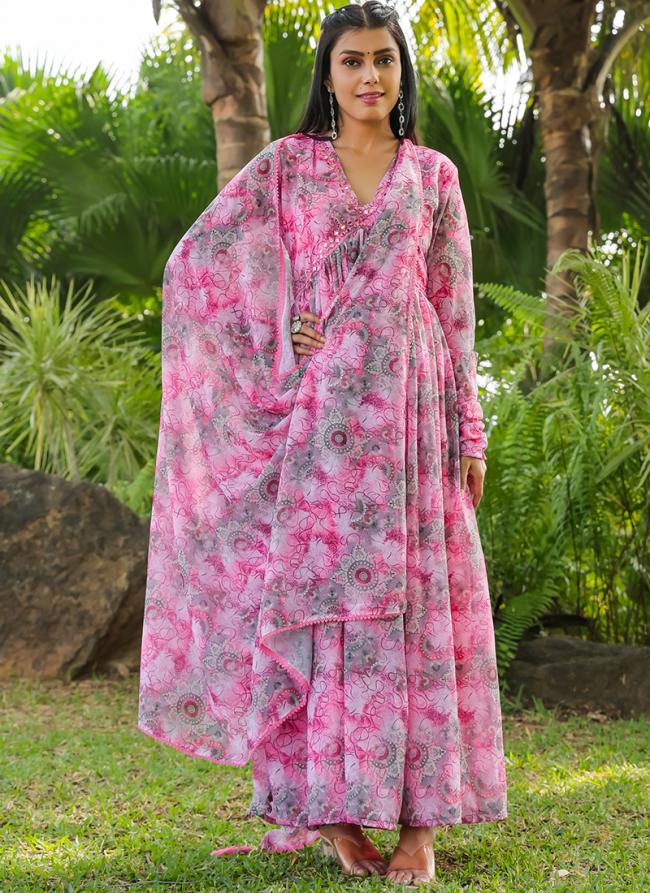 Georgette Pink Festival Wear Printed Gown With Dupatta